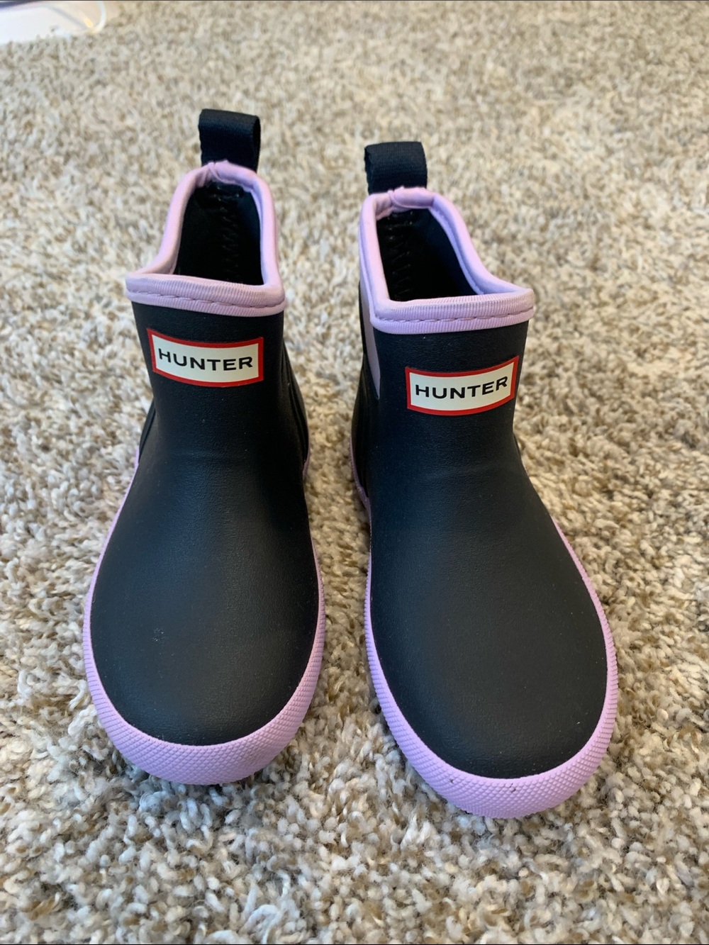 Hunter Kids Navy Rain Boots with lavender Trim